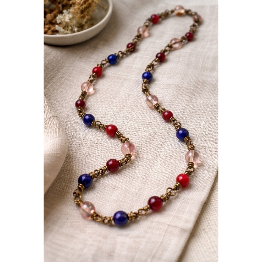 Handmade Glass Bead Necklace Wire Wrapped Boho Rustic Long Chain Red Blue